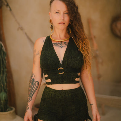 Jungle Heat Yoga Shorts Green Geo-leaf