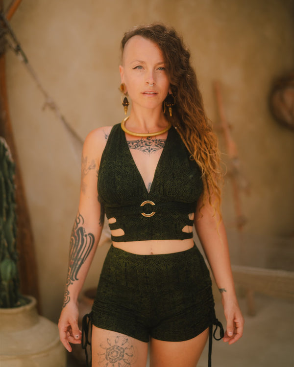 Jungle Heat Yoga Shorts Green Geo-leaf
