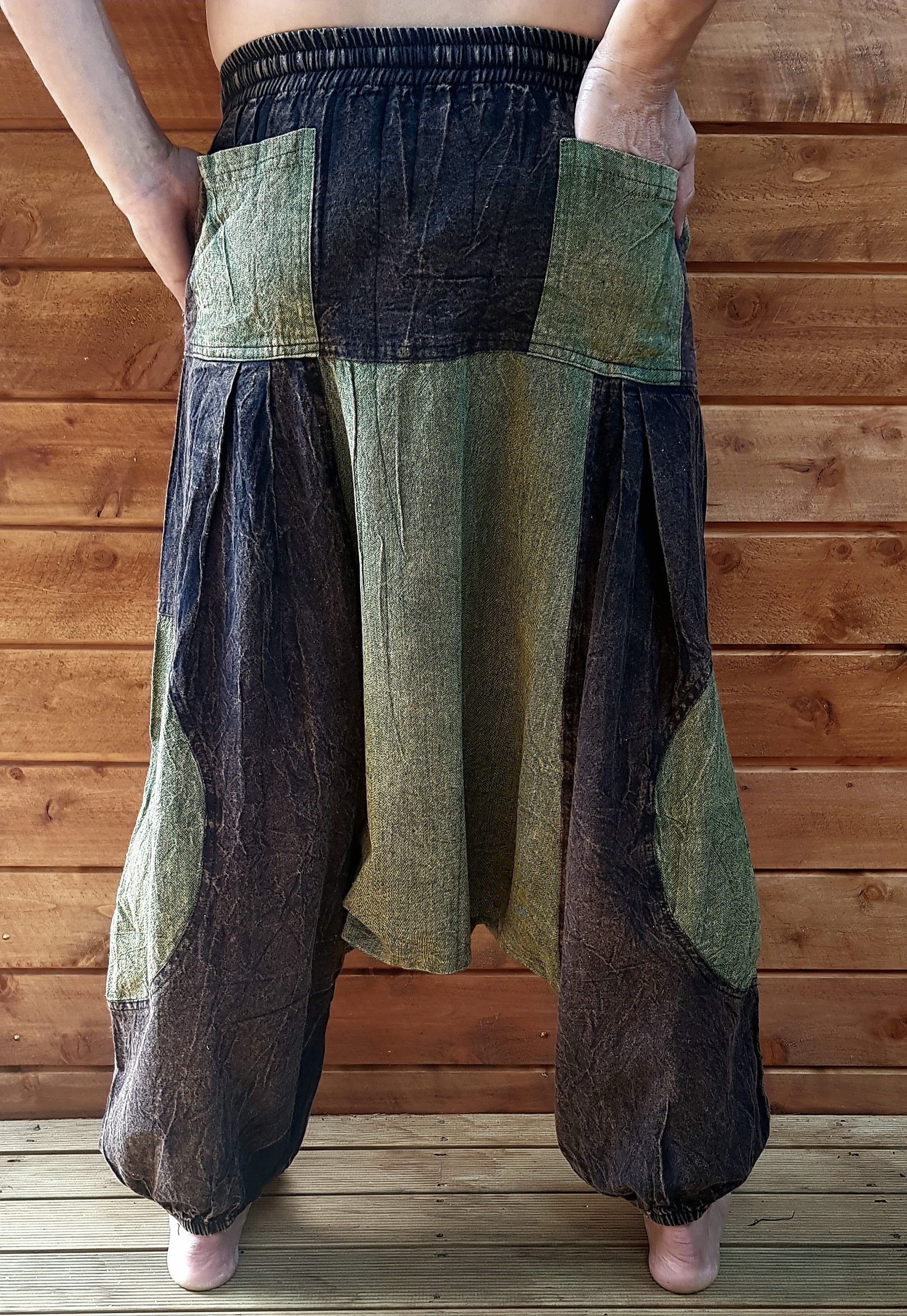 Circle, Square, Hareem Pants- Green, Black/Brown Stonewash